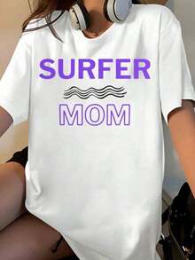 "Surfer Mom" T-Shirt With Black And Purple Wave Design, Women's Casual Clothing, Beach Lifestyle, Gift Idea [Suitable For Leisure And Sports Activities] - 白色 - 查看 1