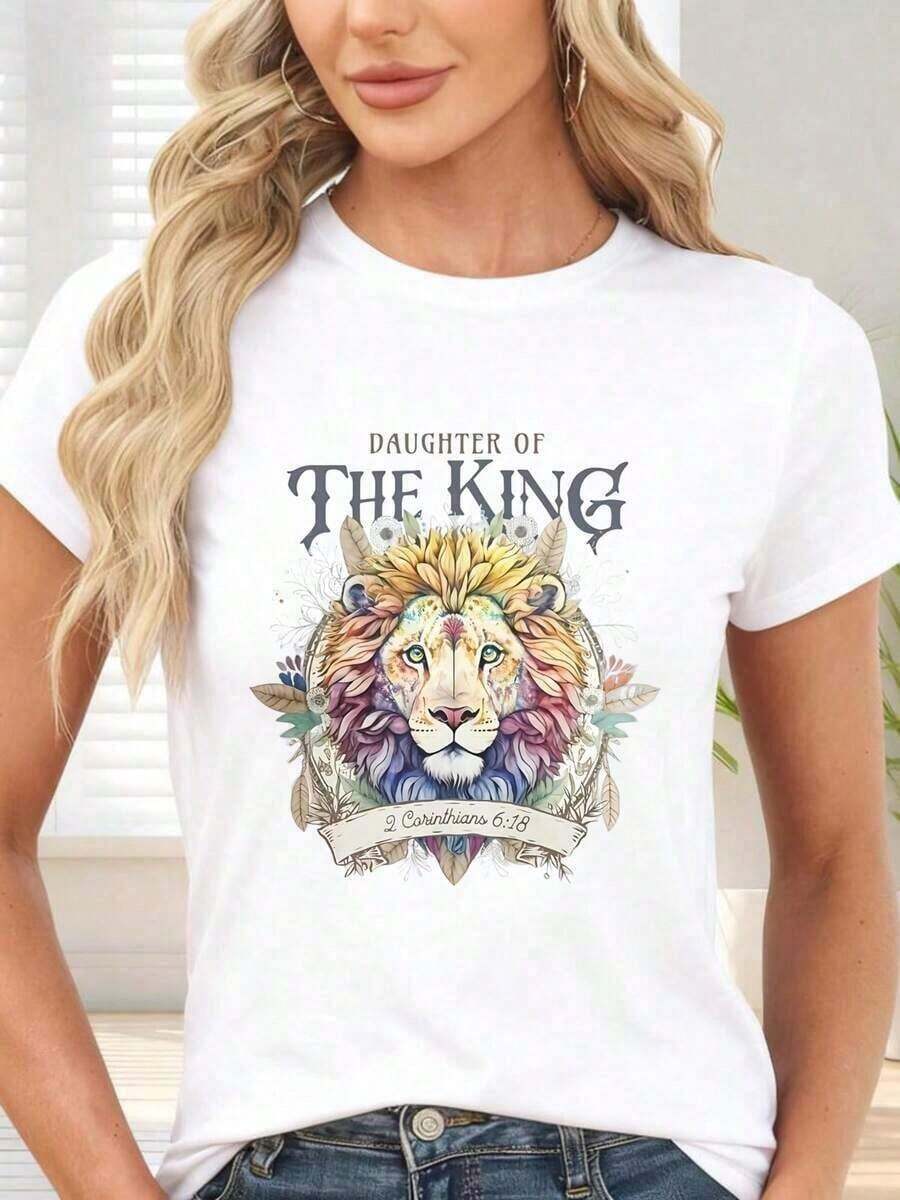 Simple And Versatile Design Women's Shirts T-Shirt With Colorful Lion Print And The Text "Daughter Of The King 2 Corinthians 6:18" For Daily Use And Casual Occasions. 100% Cotton Women's Anime & Cartoon T-Shirt, Soft Fabric, Lightweight Cotton T-Shirt - 白色 - 查看 1