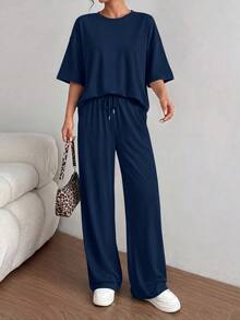 Women's Summer Clothes 2 Piece Sets Lounge For Short Sleeve Matching Airport Travel Outfits Casual Navy Blue Vacation Summer Brunch Outfits For Women Mothers Day Outfit - 藏蓝色 - 查看 3