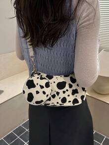 奶牛纹女士单肩包灯芯绒质感休闲斜挎包带迷你零钱包套装时尚日常旅行购物约会腋下钱包 - 白色 - 查看 5