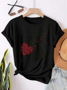 Women's Cotton Crew Neck Casual White Short Sleeve T-Shirt For Women, Plus Size, With Heart And Balloon Print - Crew Neck Blouse For Summer, Casual And Resort Wear, Plus Size Fit, Machine Washable, Top For Spring, Summer And Autumn, Soft Fabric Simple T-Shirt For Everyday Wear - 黑色 - 查看 6