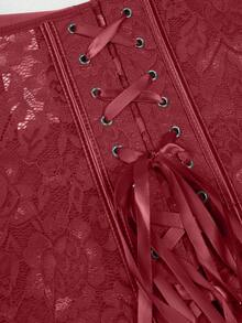 Elegant Vintage Solid Color Petal Sleeve Lace Waist Top, Heart Neckline Lace Panel Front Button Closure, Suitable For Wedding Season & Summer Vacation - Burgundy - View 8