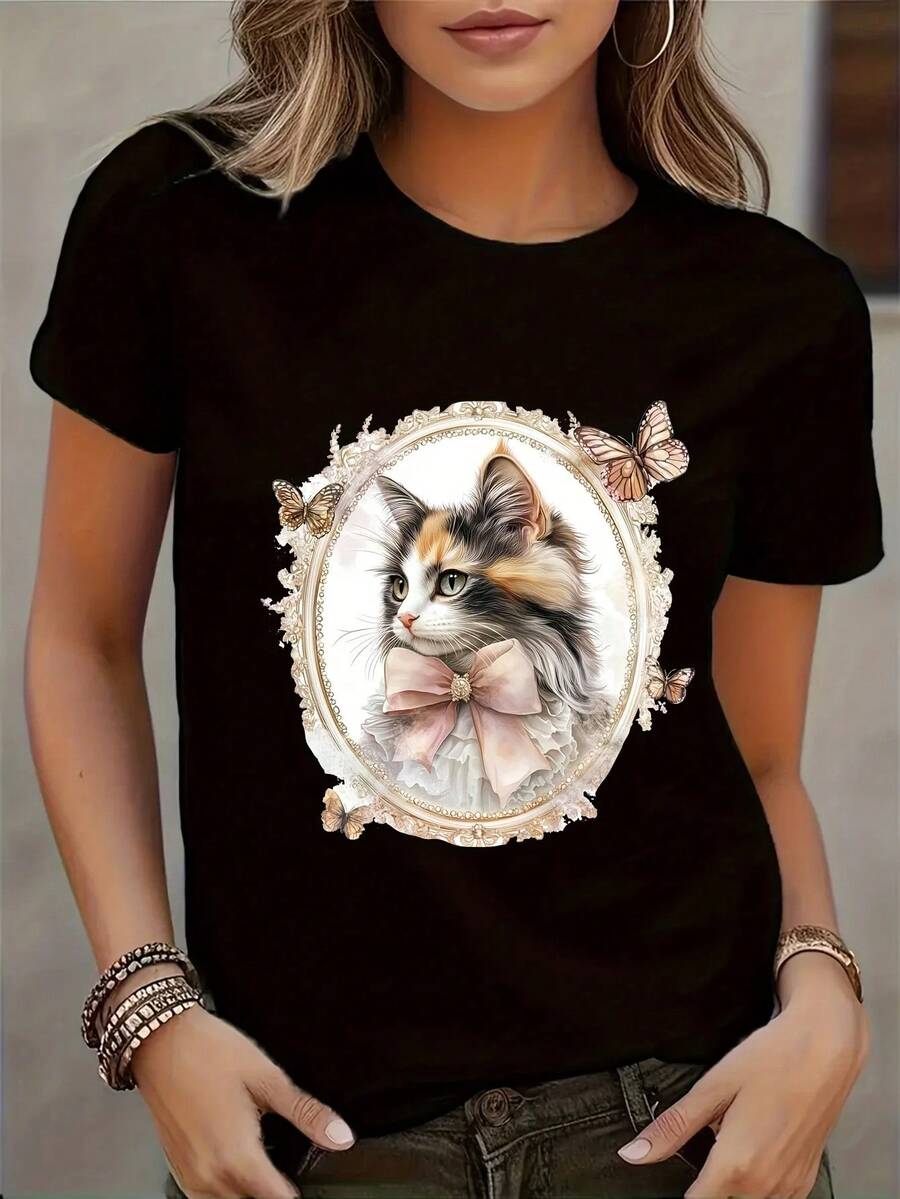 Women's Summer T-Shirt With Print, Short Sleeve, Round Neck, Cat Design, Fashion Graphic T-Shirts For Casual Daily Wear, Vintage Urban Style, Unisex, Loose Cotton T-Shirt With Round Neck And Short Sleeve. - 黑色 - 查看 1