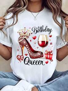 Women's T-Shirt With Birthday Queen Print, Red Heel, Crown And Wine Glass In Gift Box, Round Neck, Regular Fit, Casual Wear For Birthday Celebration, 220g, Casual Daily Wear. - 白色 - 查看 6