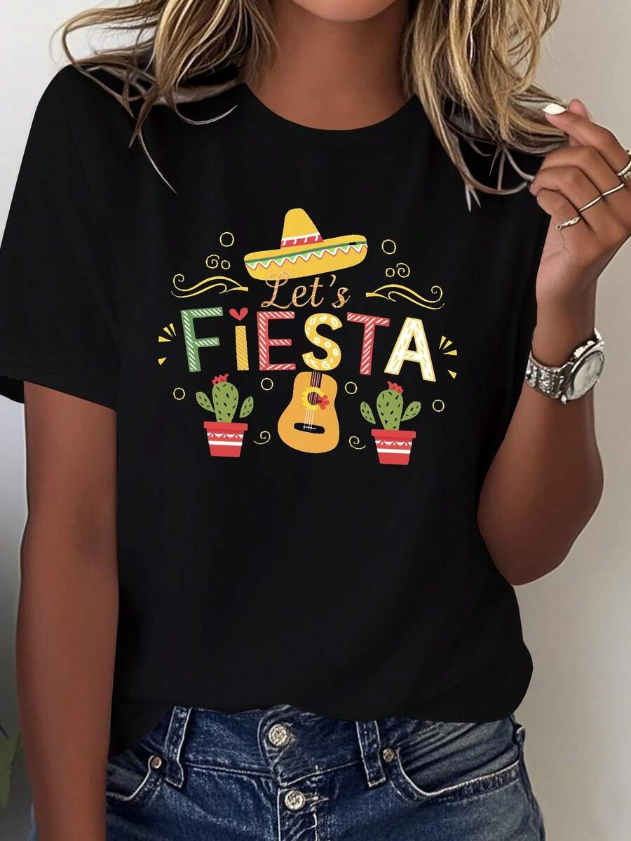Women's Mexican Festival T-Shirt - Solid Color Short Sleeves With Wide Brim Hat, Maracas, And Cactus Prints - Let's Celebrate With Spanish-Themed Party Outfits, Mariachi Dance Costumes, And Accessories (Machine Washable) Blouses For Women - 黑色 - 查看 1