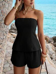 PoPoHouse 女款 100% 純棉 2 件套 性感露背無肩帶上衣與寬鬆舒適短褲 黑色 夏季優雅 - 黑色 - 查看 8