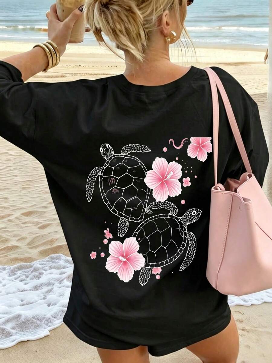 1件女款夏季短袖T恤 度假休閒上衣 島嶼度假風 海龜與扶桑花印花 黑色休閒款 - 黑色 - 查看 1