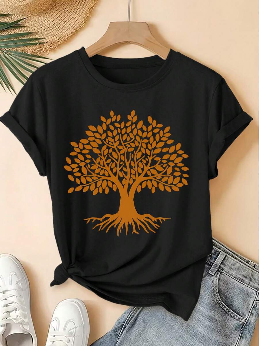 Spring/Summer 2026, New Women's Short Sleeve T-Shirt With Round Neck And Tree Of Life Print In Brown, Distressed Vintage Style, Casual Sporty Top, Soft Pure Cotton Fabric, High-Quality Women's Clothing. | Fun And Original Design | Fun And Rejuvenating Top - 黑色 - 查看 1