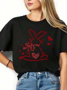 100% Cotton. Women's Oversized Graphic T-Shirt With Red Rabbit Heart Design, Casual Valentine's Day Wear, 220gg. 100% Cotton. Women's Simple Solid Color T-Shirt, Loose And Slim Fit Casual Short Sleeve - 白色的 - 查看 7