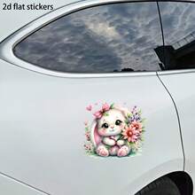 Pegatina de vinilo con un lindo conejo sosteniendo una flor - Pegatina brillante autoadhesiva, adecuada para motocicletas, ventanas, paredes - Forma asimétrica, adecuada para Pascua, diseño divertido, adecuada para compradores de regalos, organizadores de fiestas - 1 unidad - Ver 4