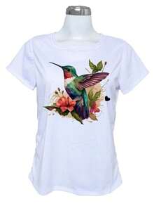 Playera camiseta sublimada colibri flores aves animales - Blanco - Ver 1