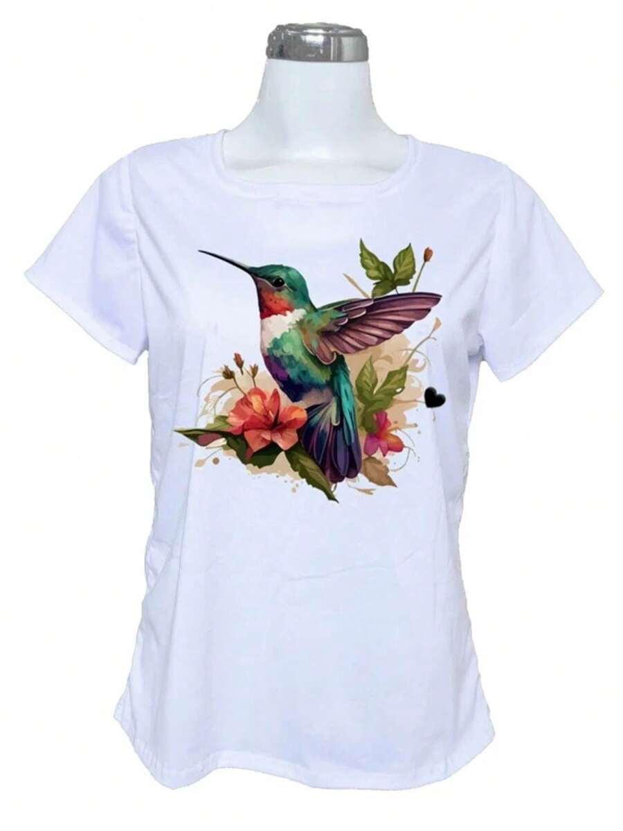 Playera camiseta sublimada colibri flores aves animales - Blanco - Ver 1