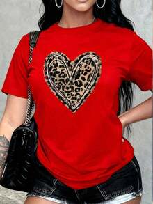 Graphic Print T-Shirt With Love, Leopard, Spring And Summer Design, Short Sleeves, Round Neck, Casual Top For Summer And Spring, Women's Clothing, 100% Cotton, Women's T-Shirts - 紅色 - 查看 1