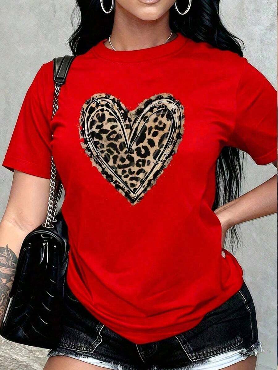 Graphic Print T-Shirt With Love, Leopard, Spring And Summer Design, Short Sleeves, Round Neck, Casual Top For Summer And Spring, Women's Clothing, 100% Cotton, Women's T-Shirts - 紅色 - 查看 1