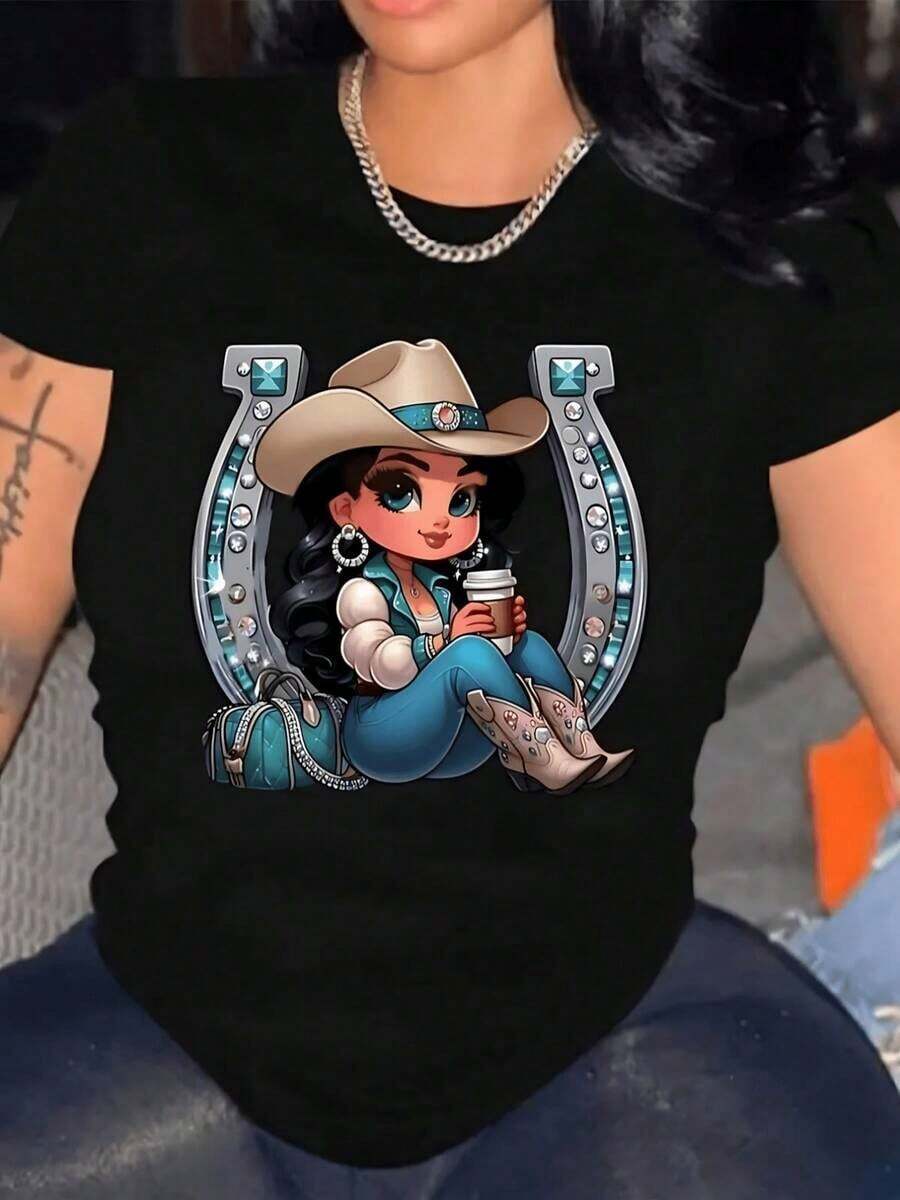 Camiseta con estampado vaquero moderno, diseño ilustrado colorido, estilo casual, cuello redondo, manga corta, ideal para combinar en primavera y verano - Multicolor - Ver 1