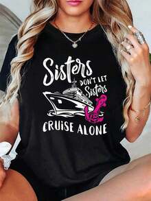 Women's Crew Neck T-Shirt With Letter Print And Anchor And Boat Elements, 'Sisters Don't Let Sisters Cruise Alone' Design, For Spring Summer, Women's Blouses > Clothing - 黑色 - 查看 1