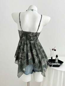 Top de mujer con estampado de leopardo y dobladillo asimétrico con encaje - Verde Oliva - Ver 2