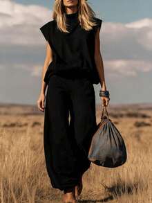 New Women's Fashion Outfit, Western Style, Sleeveless, Suede, Wide-Leg Pants With Tapered Hem, Flattering, Comfortable, Perfect For Autumn Looks, Theme Parties And Stylish Everyday Wear - 黑色 - 查看 3