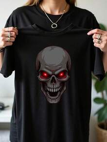 2026 new Camisetas Para Mujer Camiseta terrorífica calavera espeluznante estampado impactante diseño unisex ideal fiestas Halloween talla M/L color negro moda gótica camiseta de moda letras de búsqueda: calavera aterradora camiseta negra Halloween. - Negro - Ver 6