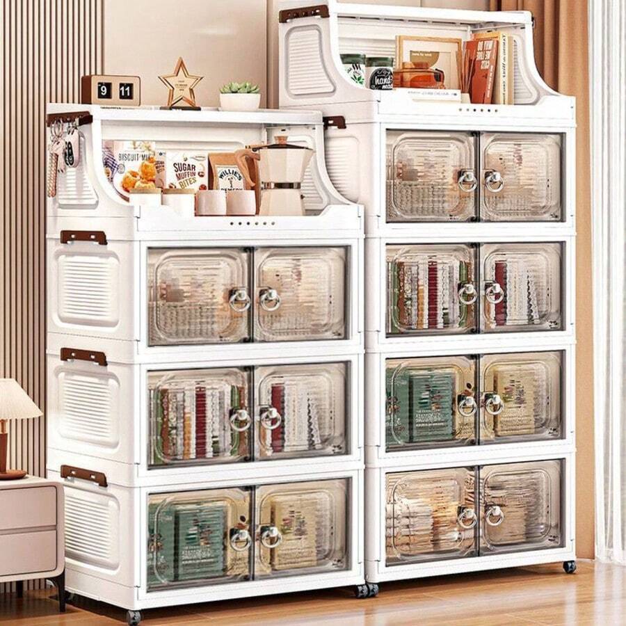 No-Assembly Storage Cabinet Multi-Layer Organizer Home Baby Kids Folding Wardrobe Plastic Portable Container Bedroom Kitchen Closet Shelves Stackable Design - Transparent - View 1