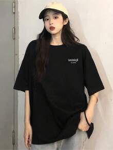 Camiseta negra informal de manga corta con cuello redondo para hombre,Camisetas Para Mujer Camiseta cómoda básica negra estilo urbano con diseño minimalista casual para actividades diarias y moda joven, tallas variadas, color negro, moda femenina,  2023. - Negro - Ver 6