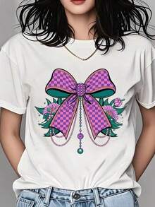 Women's Purple Plaid T-Shirt With Bow, Flowers, And Pearls, Graphic Tee For Women, Fashionable Casual Top, Summer Outfit, Gift For Her - 白色 - 查看 1