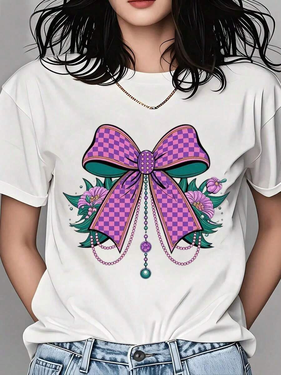 Women's Purple Plaid T-Shirt With Bow, Flowers, And Pearls, Graphic Tee For Women, Fashionable Casual Top, Summer Outfit, Gift For Her - 白色 - 查看 1