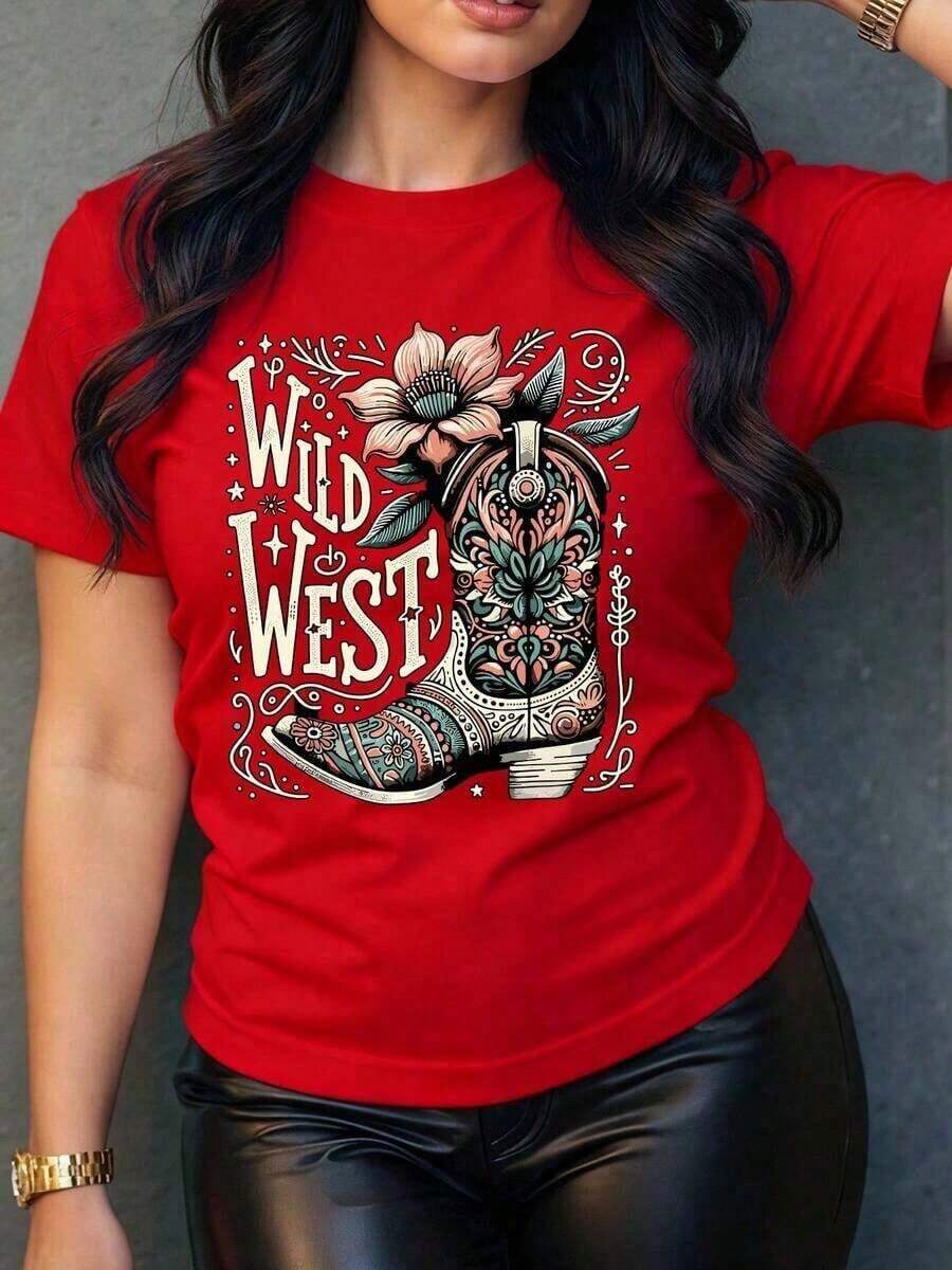 Short-Sleeve T-Shirt For Women With A Floral Cowboy Boot Print In A Western Style, Modern And Original Design, Ideal For A Casual And Comfortable Look, Soft And Breathable Fabric, Various Colors Available. Pretty Blouses 100% Cotton - 紅色的 - 查看 1