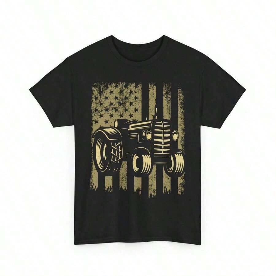 Printed T-Shirt Made Of 180 G/M² Pure Cotton With Tractor Graphic And US Flag, Made With High-Quality Fabric That Offers Comfort, Durability, Breathability, Softness, Easy Cleaning And Resistance To Wear, Showing A Practical Personality For Farmers And For Casual Daily Use. - 黑色 - 查看 1