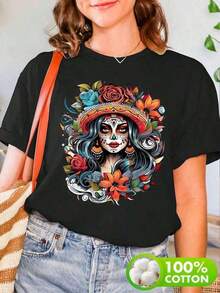 Women's Short-Sleeved T-Shirt In A Mexican Style, Printed With The Words "Viva México!" It Features A Feminine Catrina Skull Design In The Style Of The Mexican Day Of The Dead (Decorated With Flowers And A Wide-Brimmed Hat), A Round Neck, And Short Sleeves, Perfect For Spring And Summer. It Also Includes A Women's Short-Sleeved Athletic T-Shirt, Suitable For Vacations And A Great Gift. It's Also Machine Washable. - 黑色 - 查看 5