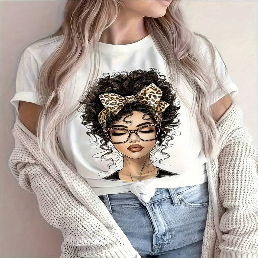 Women's Casual Short-Sleeved Cotton T-Shirt With A Round Neck, Featuring A Unique Graphic Print, A Regular Fit, And High Elasticity. Sizes S-XXL - 白色 - 查看 1