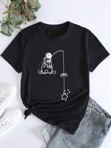 Women's Casual Short-Sleeved Crew Neck T-Shirt With A Stylish Astronaut Line Print. Modern And Versatile Style For Everyday Wear. Soft And Breathable Fabric. - 黑色 - 查看 1