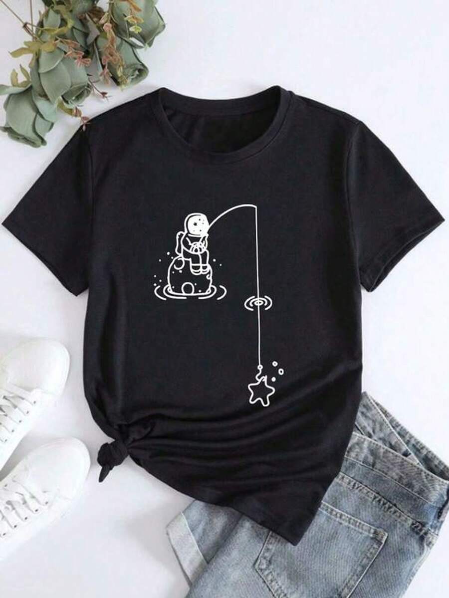 Women's Casual Short-Sleeved Crew Neck T-Shirt With A Stylish Astronaut Line Print. Modern And Versatile Style For Everyday Wear. Soft And Breathable Fabric. - 黑色 - 查看 1
