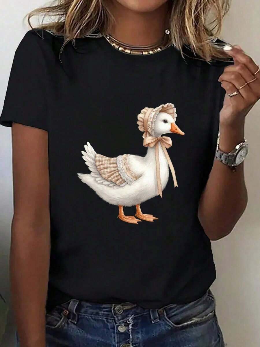 1 Piece Casual Fashion Men's And Women's Duck Print T-Shirt - Soft Loose T-Shirt With Chicken And Bow Design, Casual White Blouse For Daily Wear, Suitable For Spring And Summer - Fashionable Women's Clothing, Spring Wardrobe, Fun Design, Breathable Material, Short Sleeve T-Shirt, Fashionable For Women 1TU2 Versatile, Easy To Match, Suitable For Daily Wear, Urban Style, Holiday Outfits, Weekend Outfits. - 黑色 - 查看 1