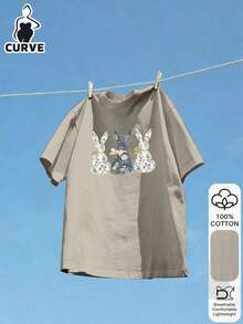 Plus Size Letter Print Casual 100% Cotton Short Sleeve Top, Outdoor Wear, Graphic Tee, Summer T-Shirt, Women's Tee, Summer Blouse, Vacation Outfit, Travel Style, Beach Vibe, Minimalist Resort Wear - 灰色 - 查看 4
