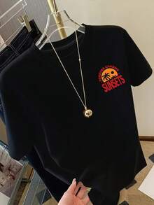 | Exquisite Design | Loose And Comfortable | Easy To Match | Short-Sleeved Printed T-Shirt With Designs On The Front And Back - Always Chasing The Sunset - Fashionable Printed T-Shirt For Women, Spring/Summer,  Item, Versatile And Casual. - 黑色 - 查看 3