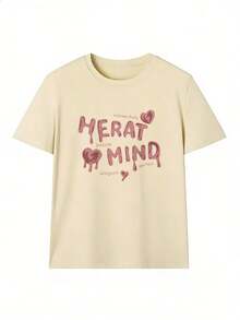 T-Shirt With "HEART MIND" Text And Pink Hearts,  Short-Sleeved T-Shirt For Spring And Summer 2026, Made In Mexico, 180 Grams. Cartoon Print, Couple Design, Suitable For Indoor Or Outdoor Wear. Crew Neck, Unisex, Ideal For The Office And Leisure. One-Pack. - APR-P631577SLNDXZGY610 - 查看 2