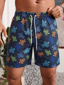 1pc Men's Navy Blue Colorful Sea Turtle Print Beach Shorts, Casual Cartoon Pattern, Drawstring Waist, Washable, Suitable For Swimming Pool, Beach Vacation & Leisure - Blue - View 5