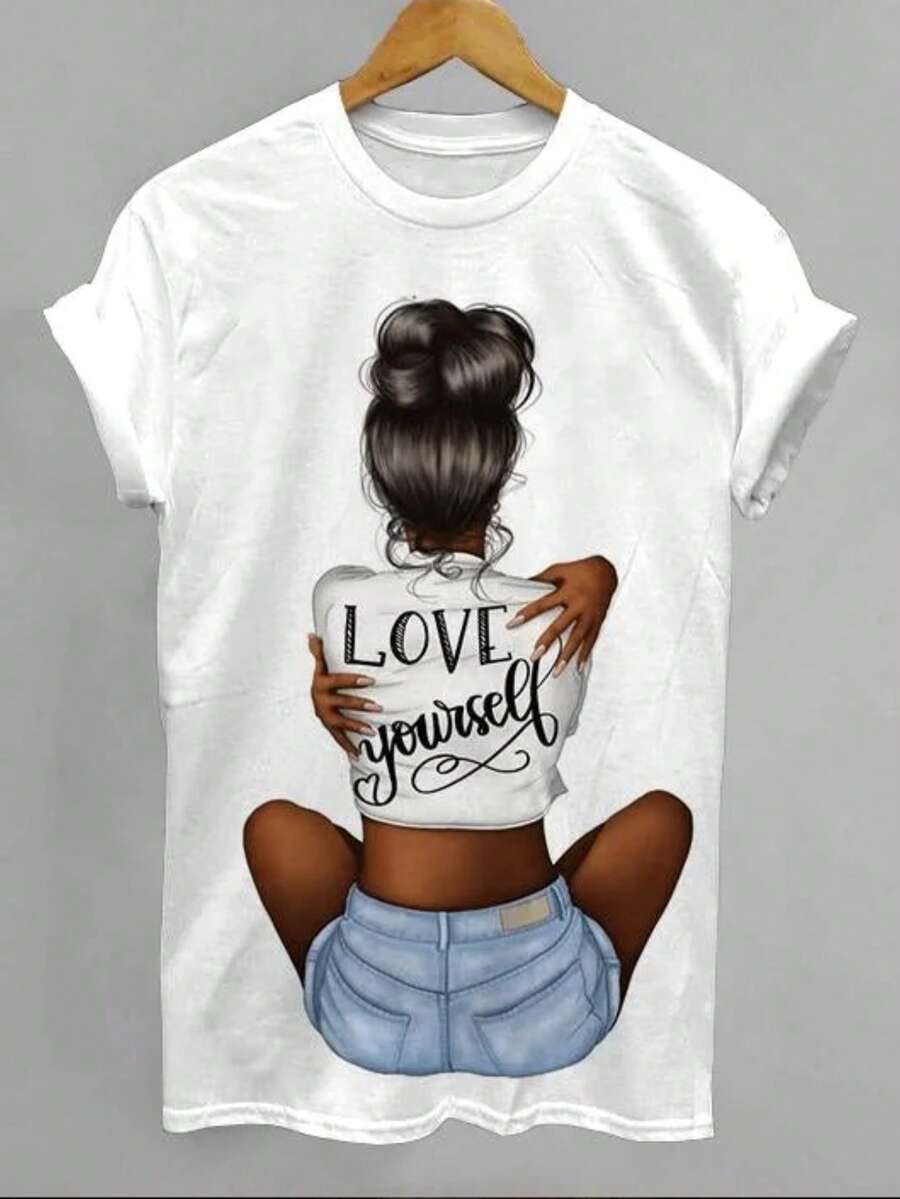Camiseta Deportiva Casual para Mujer con Ilustración Digital de Mujer de Piel Oscura y Recogido Alto - Camiseta Elástica de Cuello Redondo, Lavable aáquina, Confortable y Apta para Todas las Estaciones, para el Ocio y el Deporte. - Blanco - Ver 1