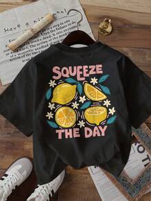 | Exquisite Design | Loose And Comfortable | Easy To Match | [Double-Sided Print] Women's Fashion Top, Women's Summer Clothes, Cool Style, Lemon Floral Print, "SQUEEZE THE DAY" Print, Round Neck, Pure Cotton Short Sleeve T-Shirt [LangK] - 黑色 - 查看 3