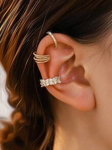 1 Set de 3 Clips de Oreja con Forma de C de Cobre Vintage con Circonita Cúbica, Adecuado para Uso Diario, Festivales, Fiestas y Otras Ocasiones de Mujeres - Dorado - Ver 4