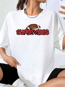 Women's Super Vibes Football Print T-Shirt, Oversized Tee, Casual Urban Style Clothing, Fashionable Sports T-Shirt - 白色 - 查看 1