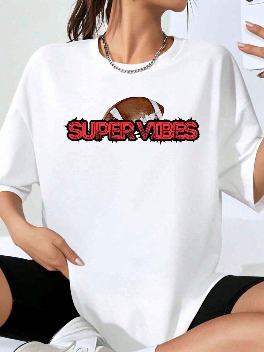Women's Super Vibes Football Print T-Shirt, Oversized Tee, Casual Urban Style Clothing, Fashionable Sports T-Shirt - 白色 - 查看 1