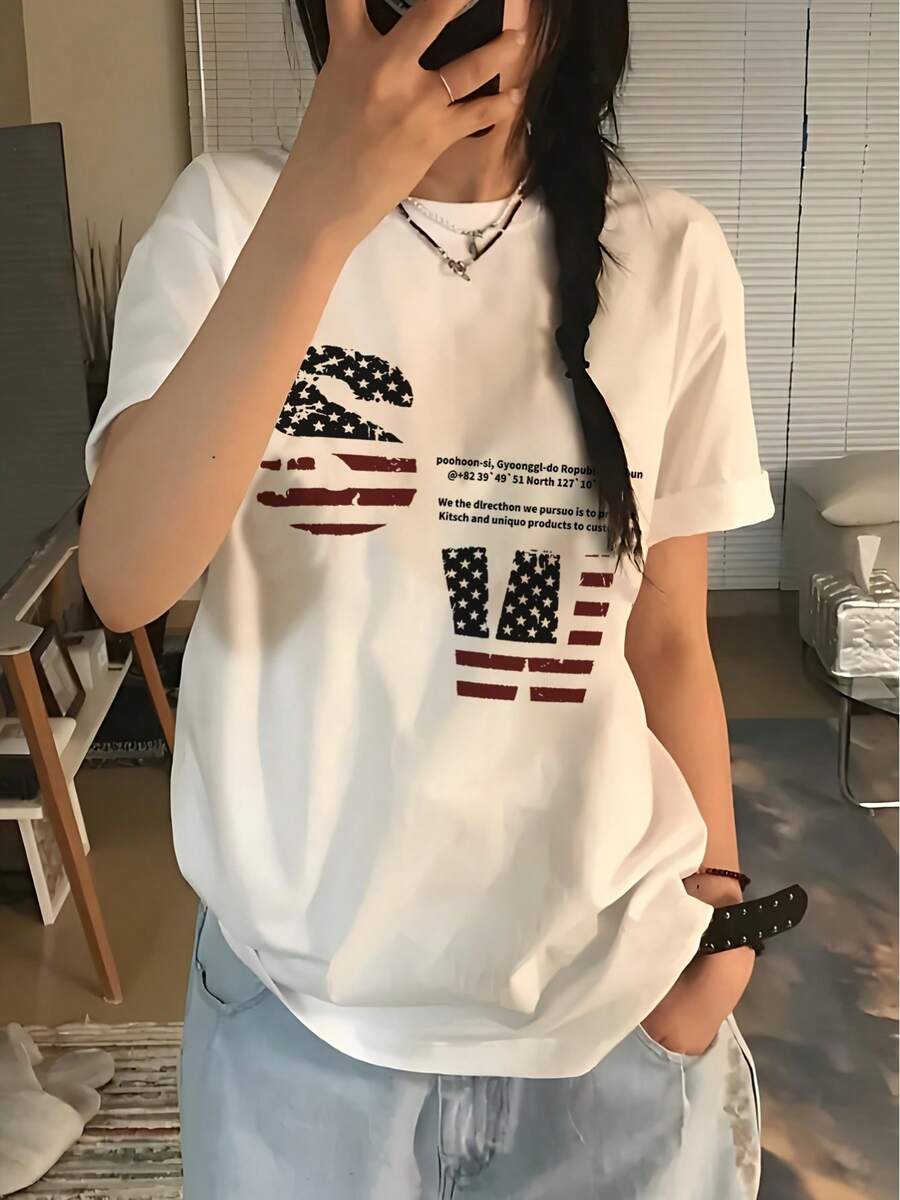 Women's Short Sleeve T-Shirt With Y2K American Logo And Letter Print, New Summer Y2K Top, Versatile, Loose Fit, Crew Neck Fashion Items & Bestsellers 9ZSZ - 白色 - 查看 1