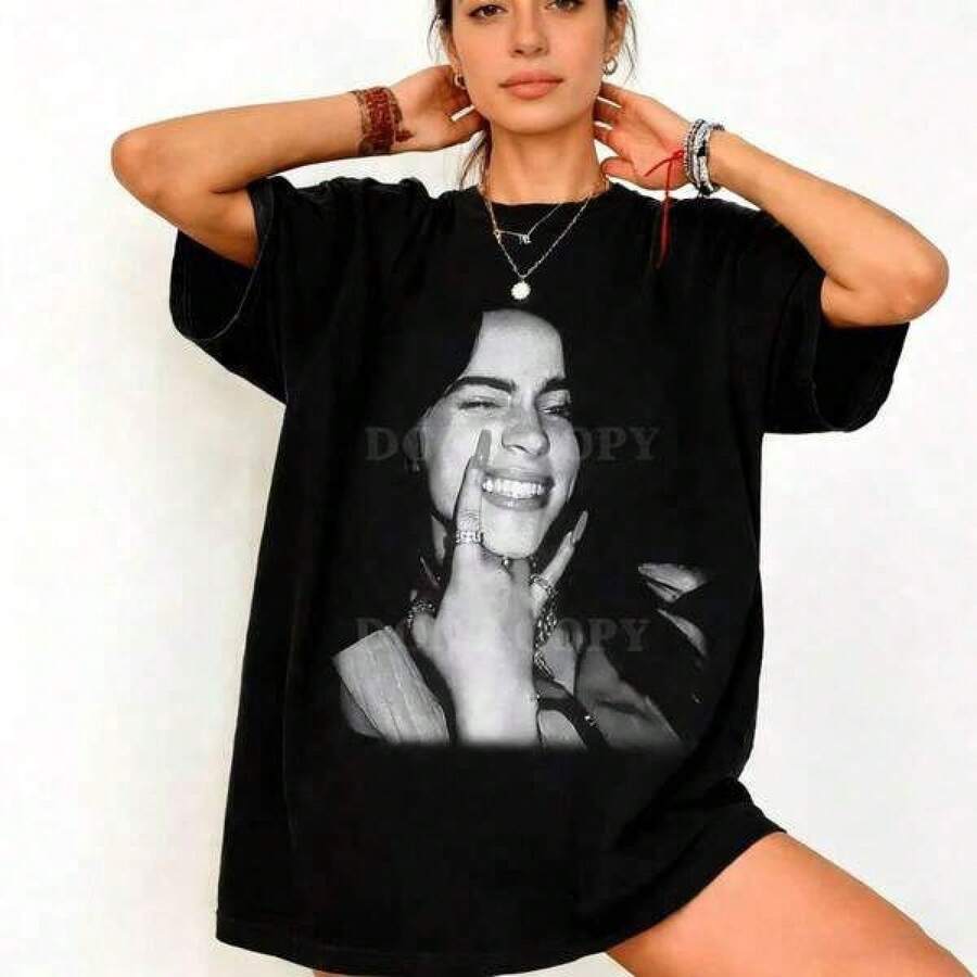 Cotton Graphic T-Shirt, Plus Sizes, Retro Billie Tour T-Shirt, Gift For Women And Men, Y2K, Oversized T-Shirt For Men, Summer Tops, Casual Printed T-Shirt For Women, Short Sleeve And Round Neck, Local Urban Fashion Spring/Summer. - 黑色 - 查看 1