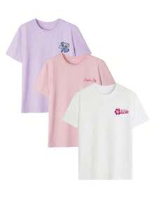 Set Of 1 Women's Short-Sleeved Round Neck T-Shirts With Colorful Letter And Flower Print, Fashionable And Versatile, Suitable For Women's Blouses, Holidays And Casual Wear In Spring - White - View 3
