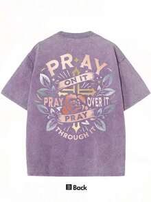 Golden Cross Floral Pray On It Vintage Oversized Graphic Tee, Religious Summer Top For Unisex - 紫色 - 查看 2