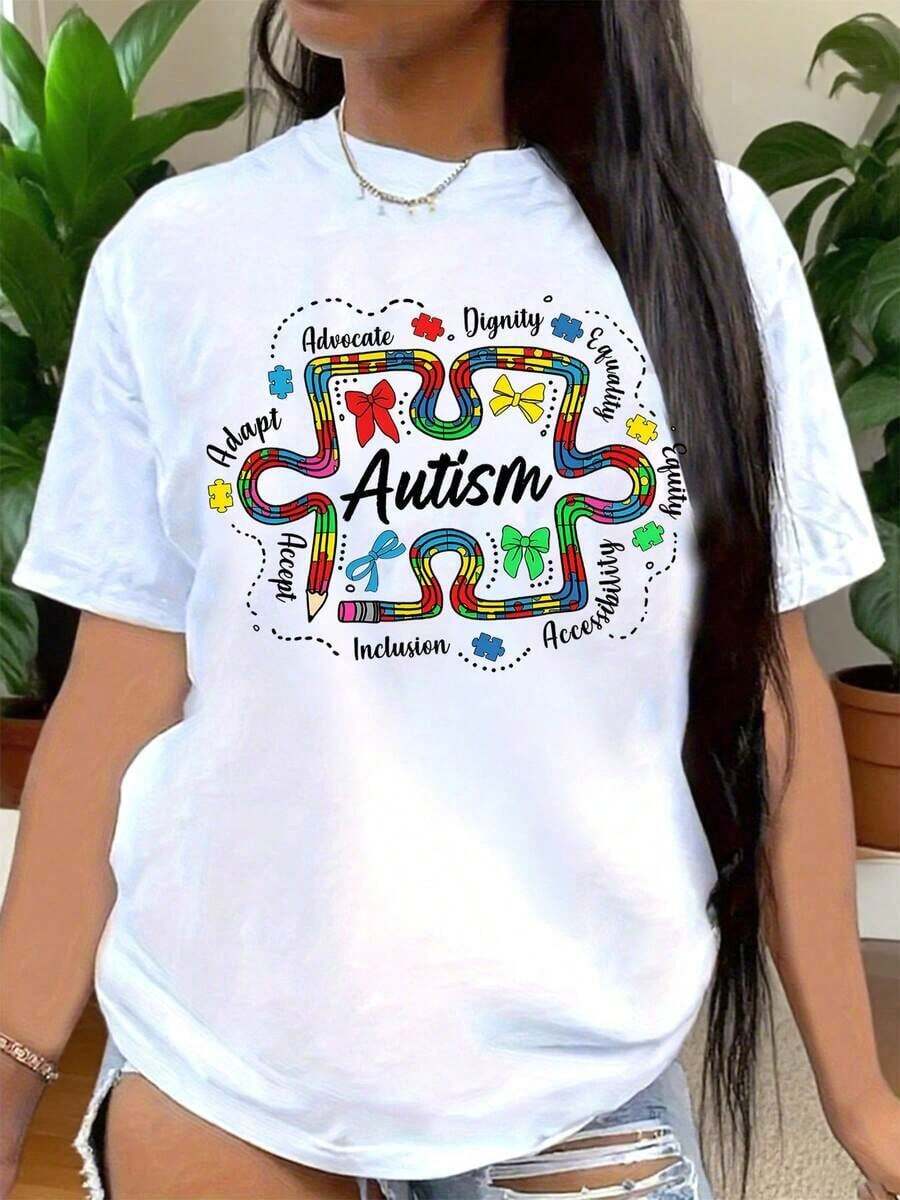 Camiseta vintage de algodón para mujer con diseño de piezas de rompecabezas coloridas y lazo, ideal para la concientización sobre el autismo, se puede usar en salidas casuales y eventos diarios. - Blanco - Ver 1