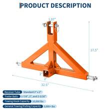2-Inch 3-Point Drawbar Adapter, Compatible With Cat 1 Tractor Trailer, 3-Point Hitch Receiver, Trailer Ball Mount, Standard Category Tractors - A - View 2