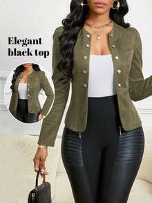 Lady Chaqueta abierta con detalles de botones en ante negro para otoño/invierno - Verde militar - Ver 8